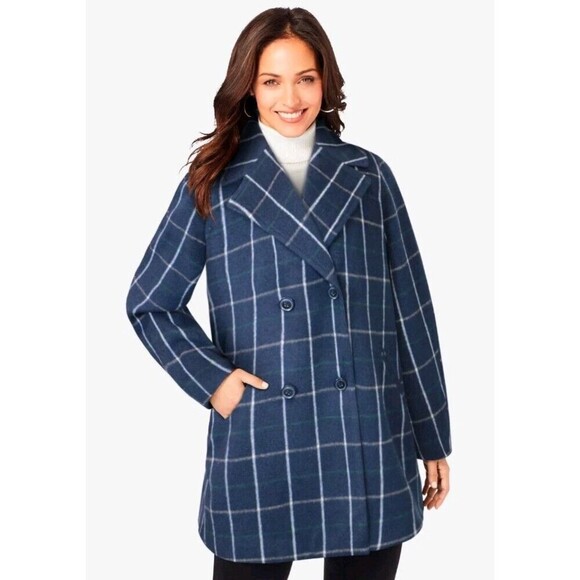 Woman Within Lined Wool Blend Coat Plus Size 32W Plaid Blue Collared Preppy - Picture 1 of 11